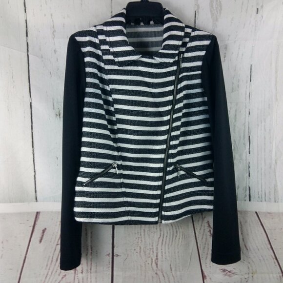 Maurices Women's Size M Black White Striped Front Zippered Blazer Jacket - Picture 1 of 11